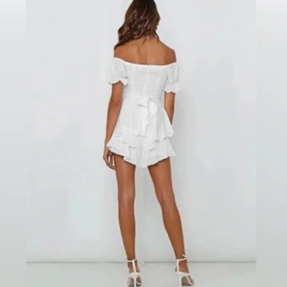 Saints + Secrets Elegant White Off-Shoulder Romper - Picture 4 of 10